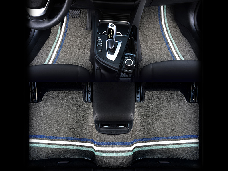 Car mat grey bottom blue and white edge combination